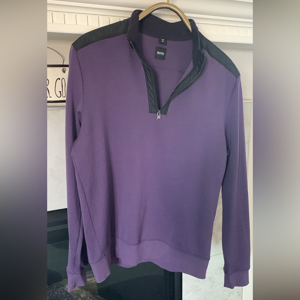 Hugo Boss Sidney Eggplant 1/4 Zip Long Sleeve Pullover Black Tonal Trim Size L